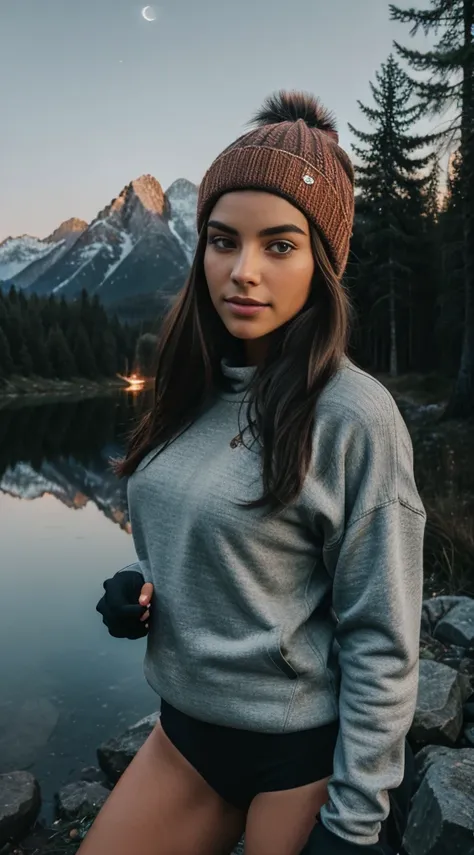 photorealistic, best quality, hyper detailed, beautiful woman, selfie photo, upper body, solo, wearing pullover, 3 different style and cloths ,outdoors, (night), mountains, real life nature, stars, moon, (cheerful, happy), sleeping bag, gloves, sweater, be...