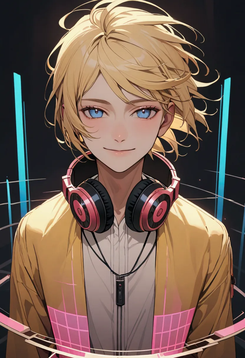 a young man with short blond hair, headphones around his neck, blue eyes, an open yellow jacket, white shirt, slight smile, huge...