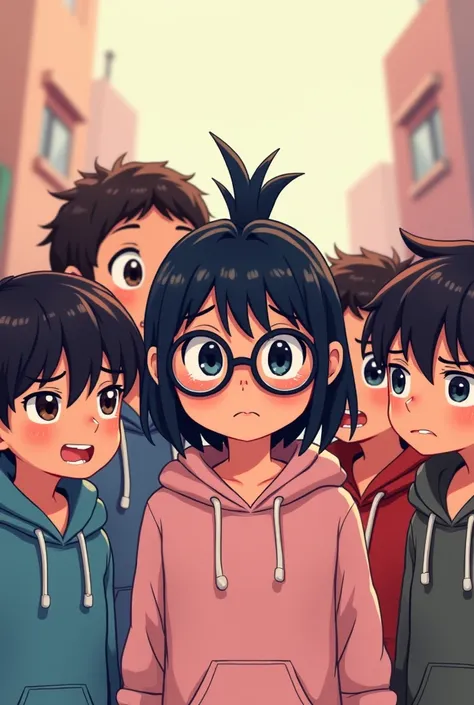  1 girl, shill,  Ponytail, Black eyes, Black hair, Embarrassed,  flaunts soft cheeks, Round glasses ,  Boys,  dark brown hair , Black eyes, fun /  happy , Hood, earphones, Pixel art, Pastel colors, 