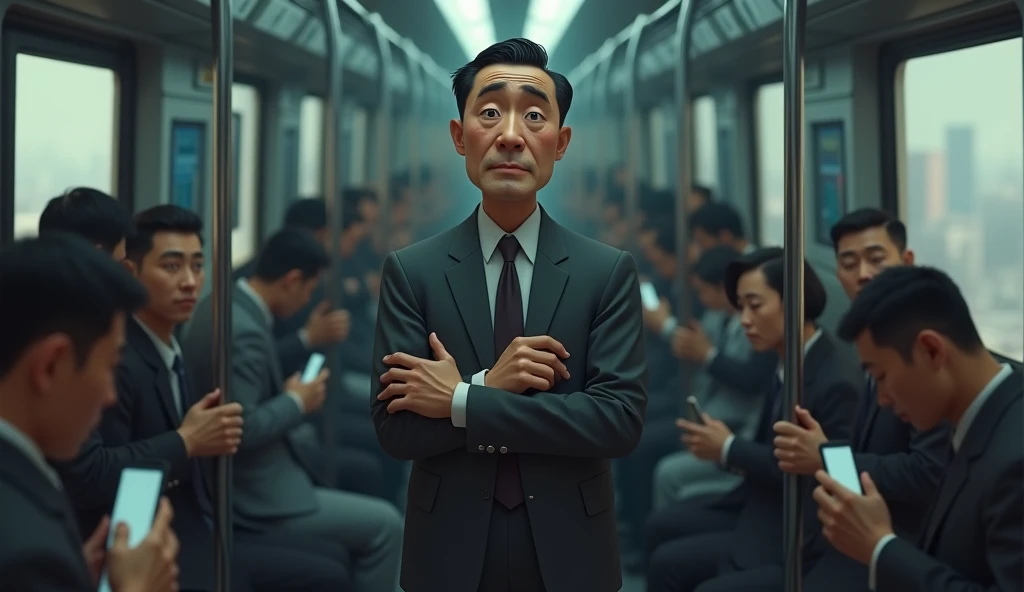  3D animation style Li Fan standing in a crowded subway car， in a wrinkled gray suit ， expressionless ， with their hands clasped to the armrest 。His eyes were dull， Passengers looking down at their phones ， The figure next to them was blurry and in a hurry...