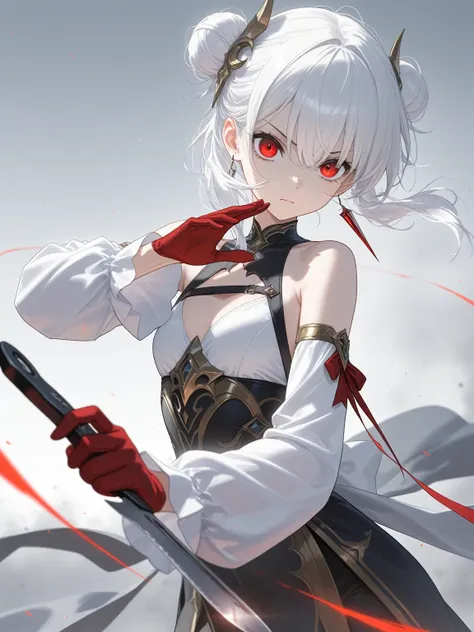  1 girl, White hair, holding a short knife, serious, Fear,  Flare Models, precise,  masterpiece, 