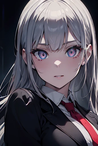 Kakegurui, highres, highest quallity, illustration, ultra detailed, (detailed face), (detailed eyes), cinematic lighting, best quality, hyper detailed, masterpiece,1girl, solo, silver hair, blue lips, bare neck, white shirt, tie, black coat, black trousers...