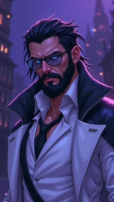 man,Black hair,Blue eyes,Glowing eyes,Black beard,cool