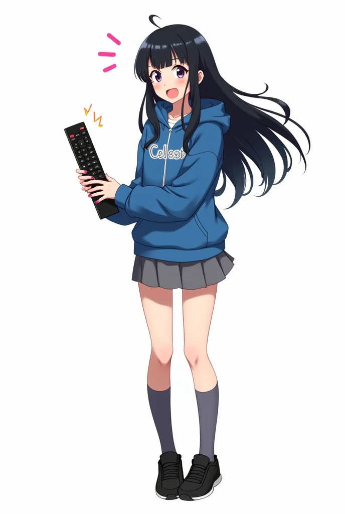 Teenage woman looking forward and with black hair standing in front and her legs and wearing black shoes and knee-length gray socks Y blue hooded poleron with letters CELESTE Athletic-style font IPO on her chest with pink nails gray skirt anime image with ...