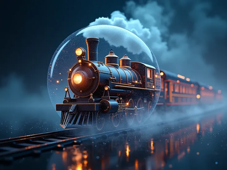 masterpiece,An antique steam locomotive runs through the Mysterious magic sky, extremely transparent and consist of precise particles of light,Reflection of light,The inside of the bubble is filled with countless digital symbols and letters, best quality, ...