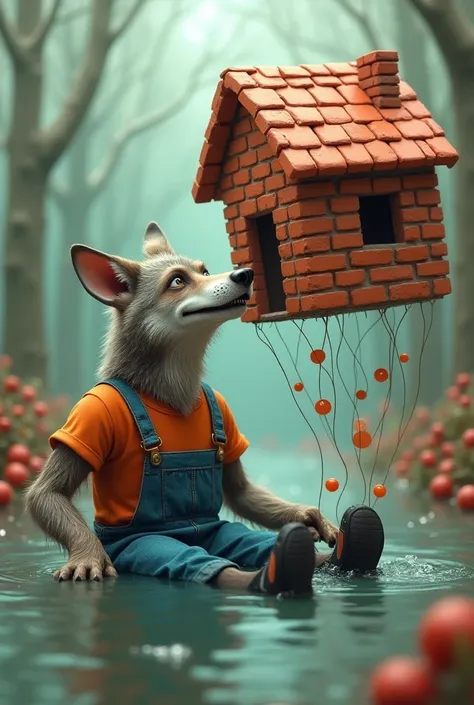 The old wolf in brown shirt , black pants wearing shoes are using mouth to blow up house made of bricks of pig he is wearing orange t-shirt blue overalls sitting in water drinking house in brick house