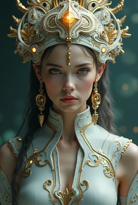 The goddess of wisdom and intelligence, head to breast, highly technologically advanced. High Resolution, Masterpiece, Award Winning, Best Quality, High Details, High Quality, UHD, Optical Illusion, Impressionism, Art Deco, Cinematic, Cinematography, Futur...