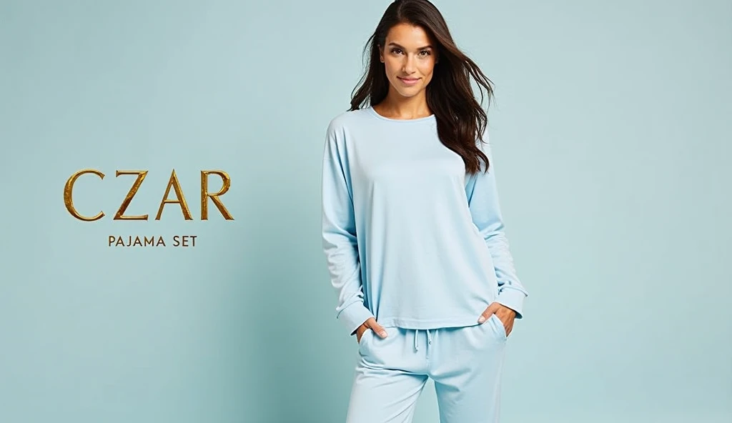 The image features a soft blue pajama set from the brand "Czar," comprising a long-sleeved top and matching pants.

Description:
Top:

The top has a classic crew neckline and long sleeves, providing warmth and comfort.
Its light blue color adds a calming a...