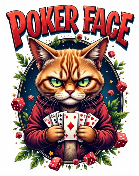 creative logo illustration fantasy style of a grumpy cat holding playing cards surrounded by dices and money an djapanses writing, featuring the words ( POKER FACE 猫 ), artfully bended and integrted at the top of the design in big bold creative font style,...