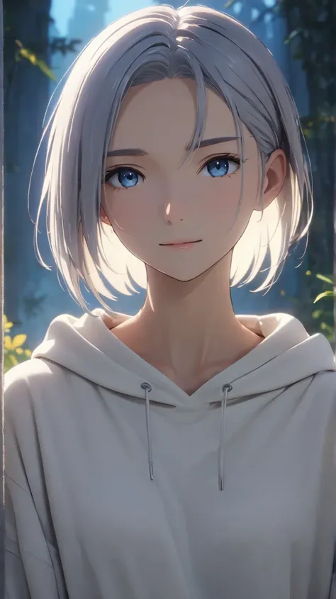 1gir, animation style, Best Illumination, cinematic lighting, crisp details, tall, mature slim body, sharp focus, Perfect Anatomy, (8k, best quality, masterpiece:1.5), a calm and introspective young woman, short slightly tousled light gray hair with a fain...