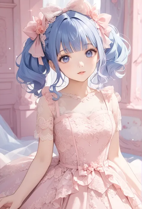 A beautiful girl with long lightblue hair, twin tails and a ribbon on her head. She is wearing a　pink　Weddingdress outfit with lots of lace . Cute and beautiful.くまのぬいぐるみを抱いている