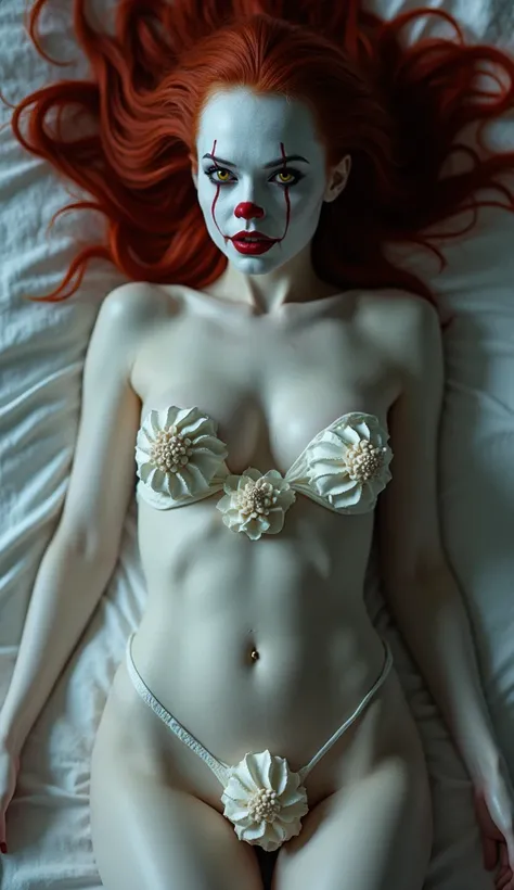 realistic style, Pennywise female version with white skin, slender body, white and pale skin, long wavy red and black hair, yellow eyes, big breasts, nude, open breasts, exposed breasts, whipped cream on nipples, whipped cream between legs, upper body, abs...