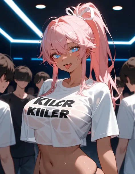 girl,tanned skin color,  Light pink hair, In blue eyes,  small fangs  ,  dark circles under her eyes,  ponytail hairstyle , Killer T-shirts  ,  several belts  ,  medium chest  ,  Square sleeves  ,  big ass , whole body, look at me, Sweat on the body，  big ...