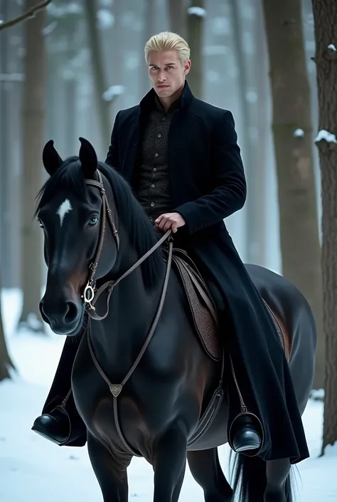 1 sexy men, prince, blond short hair, slater eyes, coat black, black horse, wood, snow, High Resolution