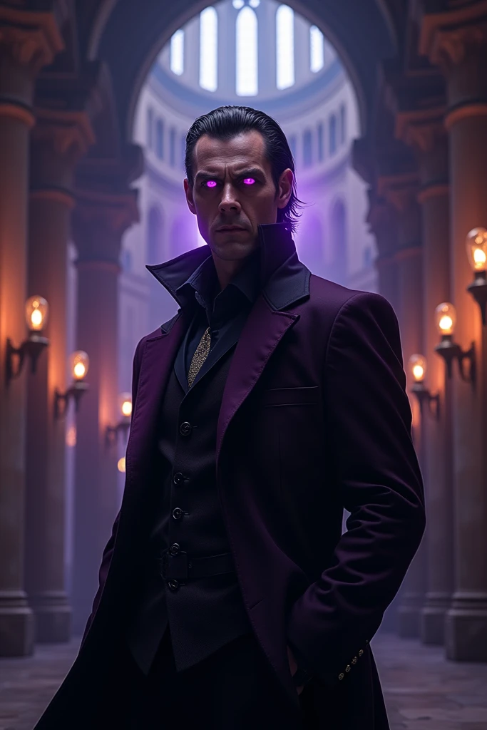 ((best quality)), ((masterpiece)), (detailed), villainous man, slicked-back black hair, glowing purple eyes. Medieval background.