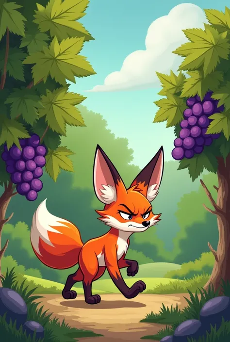 The fox walking away from the grapevine with a sour expression, saying "The grapes are sour."
Cartoon image 