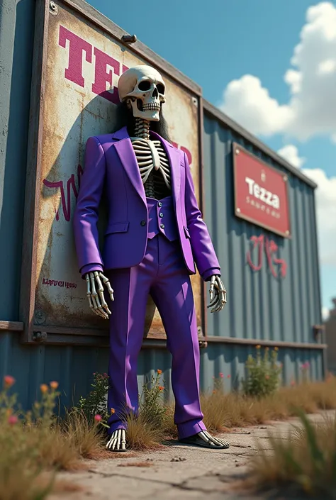 A skeleton in a purple suit thats half knocked out of the billboard and on the billboard is written the word Tezza poker.