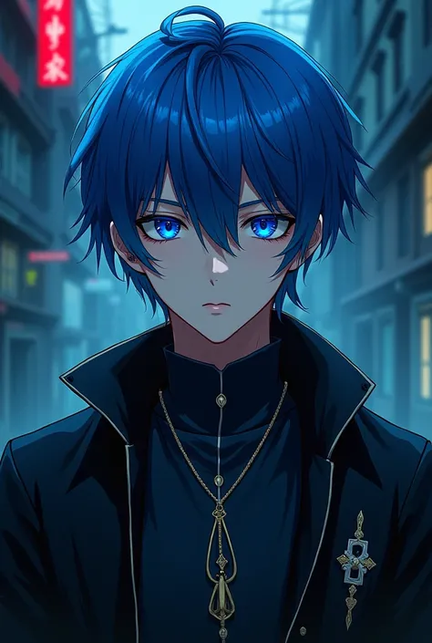 blue eyes, Bangs, blue hair，Japanese anime，Boys，Evil， Japanese Illustration Style, About 25 years old