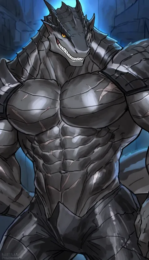 Muscular monster sharkfolk, anthro shark, solo, pants, mercenary, dark gray body, body made of steel, strong, grin, armless transparent tight tarpaulin, metallic scales, black arms and legs, scars on body, 1male solo, anthro, muscular, wide back, small wai...