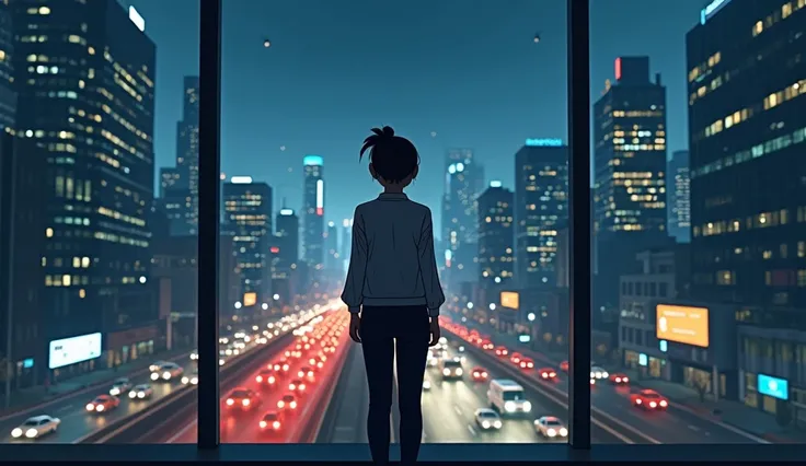  3D animation style Li Fan stands in front of the floor-to-ceiling window of the office building， The view of the city looking outside through glass 。 The background is a city with many high-rise buildings at night ， The traffic on the street seems busy an...