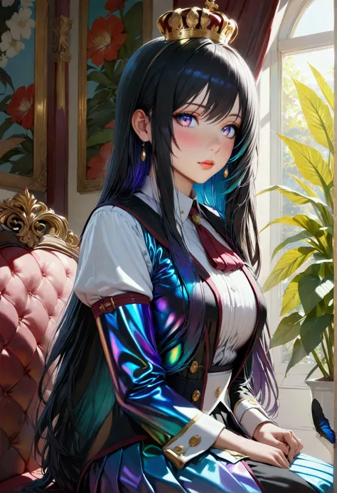 1maturegirl,mahiru shiina, Long smooth straight black hair, inner dark iridescent hair, iridescent eyes,aesthetic curvy figure,sitting in royal Academy uniform,masterpiece, super detail,detailed eyes, best quality, 8k,realistic