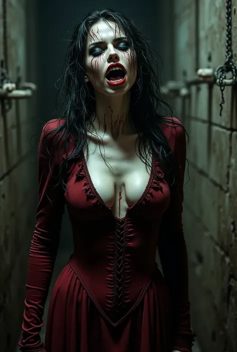 Reina de las vampiras,  pelo efecto mojado, enmarañado y sucio    , Fangs, Catacomb     , terror,  women chained to the wall    , long fingers   ,     very tight Victorian wet dark and red dress   ,  diabolical personality ,  women chained to walls,   terr...