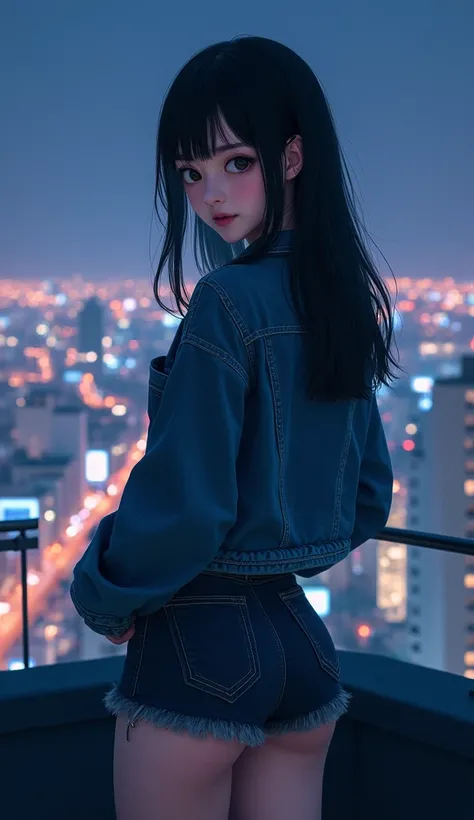 ((midnight, best quality, 8 thousand, masterpiece :1.3)), (enlargement), sharp focus, beautiful japanese ewoman with perfect body, ((black hair, )), (denim jacket, short skirt, standing), ((night city view, rooftop)), Highly detailed face and skin textures...