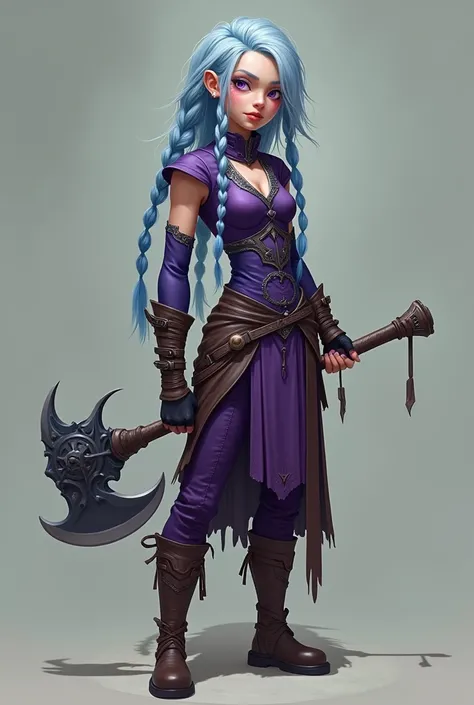 young woman with light peach skin and small, dark purple eyes. long blue-tinted silver hair tied  into two braids, one that covers her face and the other hangs behind her head down past her shoulders. Purple bodysuit with a skirt attached. There are also p...