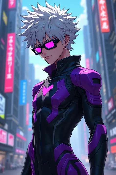  A character from My Hero Academia .
With white Lia ,  black hair . 
 On top of his head he wears square glasses in cyberpunk style.
 His hero suit is in cyberpunk style and is purple black  