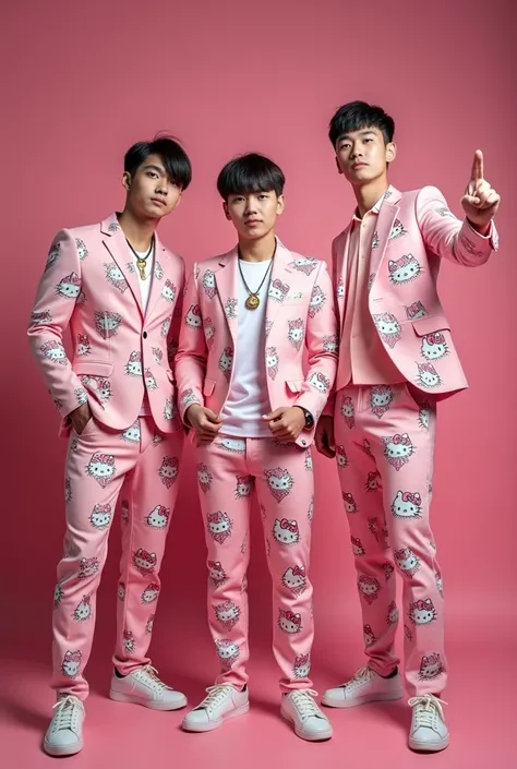  Full distance 3 asian men 27 years old short hair neat sweet macho. Couplean Wearing jaz pattern hello kitty pink ,  wearing hello kitty pink print pants , wear a tie and wear shoes . Real pic UHD 64k .  Full from a distance medium style fingering nunjuk ...