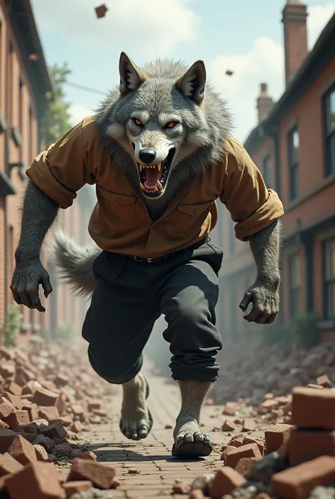 Old wolf in brown shirt , black leg pants wearing mouth shoes are destroying houses made of bricks