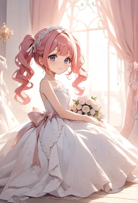 A beautiful girl with long pink hair, twin tails and a ribbon on her head. She is wearing a　Weddingdress with lots of lace . Cute and beautiful.