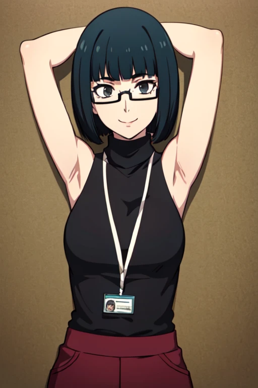 WAKABAP5, BOB CUT, BLUNT BANGS, GLASSES, TURTLENECK, black turtleneck, sleeveless turtleneck, SLEEVELESS, PANTS, LANYARD, 1girl, solo, upper body, facing viewer, (looking at viewer:1.5), in the center, smile, arms up, showing of armpits
