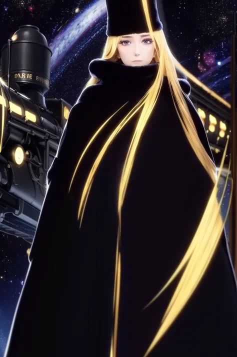 ((Galaxy Express 999)), depicting the Galaxy Express 999 traveling through space. ((Retro-futuristic steam locomotive)),
The background is a vast space with nebulae, stars, galaxies and star-studded. space travel. Fantastic and cosmic background. 
**Maetel...