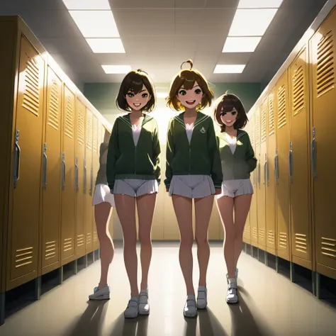 3girls:1.3, (changing clothes:1.3), evil smile, white  panties, school locker room, 15yo, wide angle, best lighting, best shadows