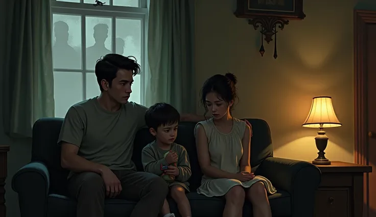 "An image depicting a small family—parents and a young —sitting together in a modest living room with an old, vintage vibe. The atmosphere is tense, with the parents looking worried and the  clutching a toy tightly, staring at something unseen. In the back...