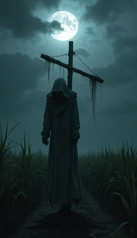 "Nighttime aerial view of a dark cornfield. From far above, a sinister scarecrow with tattered, gray clothes and hood, head bowed, tied to a tall T-shaped wooden post. Full moon, cloudy sky, casting eerie shadows."