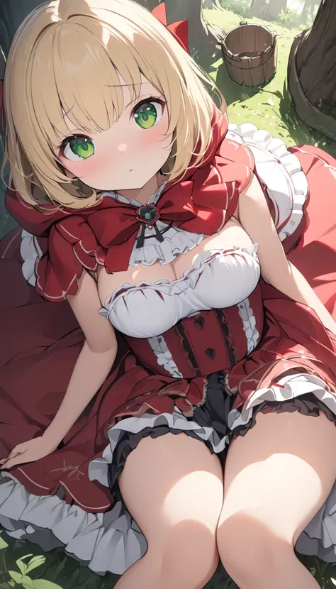  Little Red Riding Hood、fairy tale、(1 person,  cute young woman, , medium bust , Blonde,  short hair、Green Eyes),delicate beautiful eyes , eyes are drawn in detail , high definition , masterpiece, pictures of girls , cute and beautiful face down to the las...