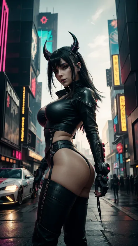 a woman in a black outfit with horns and a leather outfit, cyberpunk art inspired by Marek Okon, trending on Artstation, fantasy art, cyberpunk angry gorgeous goddess, cyberpunk girl, oppai cyberpunk, cyberpunk 2 0 y. o model girl, dreamy cyberpunk girl, i...