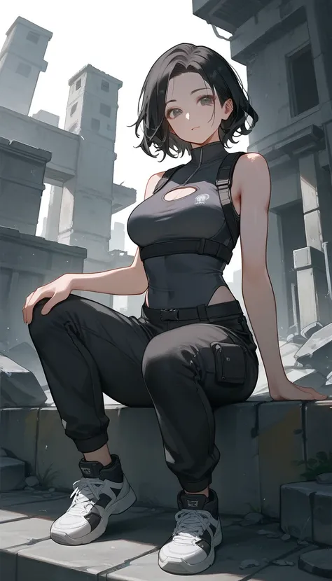 (sitting on squats), boards, full body, thighs, wide hips, score_9, score_8_up, score_7_up, (solo), 1girl, wavy hair, forehead, bob hair, black hair, (((hands))), high neck sleeveless top, fingers, medium breast, sneakers, ((sexy pose)), (((black cargo pan...