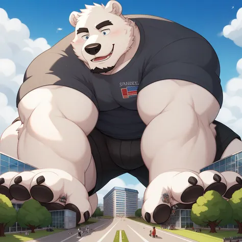 Scribble polar bear face,Humanity (polar bear),(  black casual clothes :1.3),pummelig,( black eyebrows:1.1),(perfect eyes), white fur ，（artist:takemoto arashi），garden，（black shorts:1.3），paw，（ Black beard :1.3），Night sky。, (Massiv:2.0, (  heavyweight,stark,...