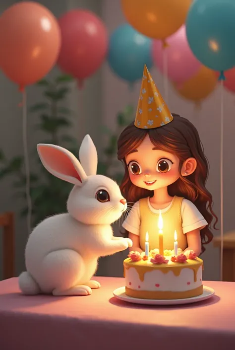  cute white girl. The girl has a bright, Celebrates her birthday in a beautiful dress. Cake on the table, There are gifts and colorful balloons. 
Her father approaches her and gives her a rabbit , The rabbit has a special light in its eyes.
Creates illusio...