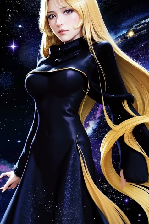 ((Galaxy Express 999)), depicting the Galaxy Express 999 traveling through space. ((Retro-futuristic steam locomotive)),
The background is a vast space with nebulae, stars, galaxies and star-studded. space travel. Fantastic and cosmic background. 
Maetel, ...