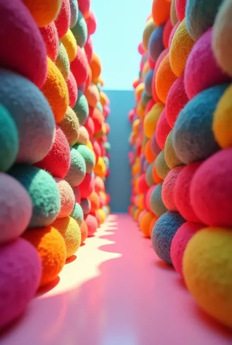 a corridor of wool rolls in a store in the style of simple 3D games, surrounded by wool rolls of different bright colors.