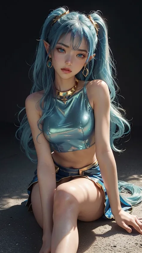 masterpiece, high quality, best Quality, beautiful, perfect lighting, detailed face, detailed body, 1girl, solo, elf, (blue hair, twintails, side spiral curls, long hair), pointy ears, blue eyes, medium breasts, ((gold iridescent gradient, tight crop top, ...