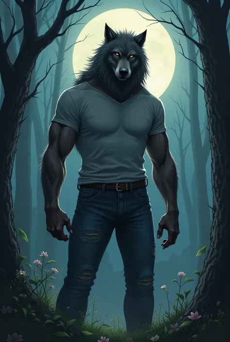 A gentle yet fierce werewolf father, exuding warmth and love, with a rugged, untamed spirit, set against a backdrop of a full moonlit forest, with a subtle hint of mystique and ancient power that had ripped jeans on. That I can trust on and that is loveful...