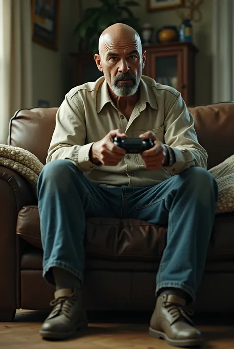 Walter White from Braking Bad showing his legs while playing video games