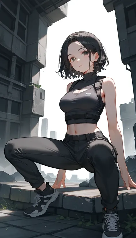 (sitting on squats), spread legs, boards, full body, thighs, wide hips, score_9, score_8_up, score_7_up, (solo), 1girl, wavy hair, forehead, bob hair, black hair, (((hands))), high neck sleeveless top, fingers, medium breast, sneakers, ((sexy pose)), (((bl...