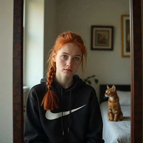 Fixed seed. Human seed. Sitting seed. Chair. Young seed. Nike sportswear seed. Redhead seed. Green eyes seed. Selfie in the mirror in the home interior, minimalist background, cat in the background. Realistic, 4K, masterpiece, photography, Nikon.