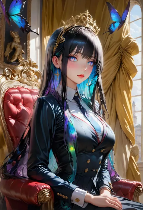 Long smooth straight black hair, inner dark iridescent hair, iridescent eyes,aesthetic curvy figure,sitting in royal Academy uniform,masterpiece, super detail,detailed eyes, best quality, 8k,realistic